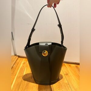 Structured Olive Green Shoulder Bucket Bag with Gold Turn-Lock